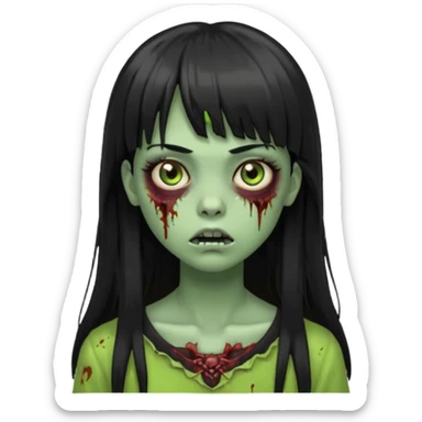 Zombie emoji girl, light green skin, black straight long hair with bangs sticker