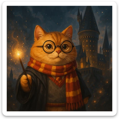a chubby orange cat holding a wand, dressed as Harry Potter, Hogwarts background, magical, fantasy sticker