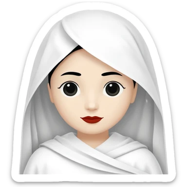 vull un perosnatge estil bimoji que sigui com una nimfa bella i fantasmal amb túniques blanques. Té la pell literalments blanca com el guix, cabell platejat, un nas llarg, ulls negres grans i llavis carmesí. que estigui somrient sense arrecades i roba vermellai balnca  sticker