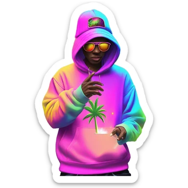 Multicoloured neon person smoking wearing hoodie dancing hip hop bucket hat tropical Skater fashion aesthetic baggy clothes graphic t shirt 420 sticker