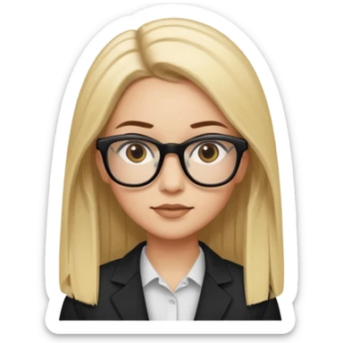 A woman with light skin tone, long straight blonde hair parted to the side, large brown eyes, wearing black-framed glasses, and a neutral expression with a slight smile. sticker