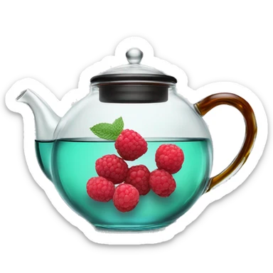 transparent glass teapot for tea brewing, inside of which is black tea with tiny raspberries, lemon and mint and cinnamon sticker