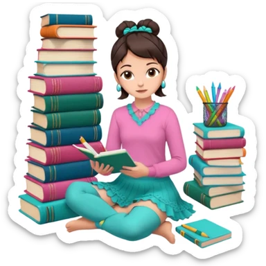A brunette woman with straight, dark brown hair styled in two buns wears a pink long-sleeved shirt and a turquoise lace ruffled skirt. She is barefoot and holds a crayon in one hand. She sits cross-legged on the floor, which is covered with stacks of colorful notebooks. Art Deco style illustration. sticker