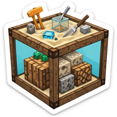 minecraft crafting tabme with tools, stone, wood, glass, sand, ... in a minecraft cube crafting table sticker