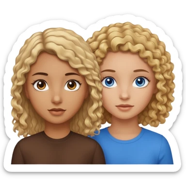 Tan girl with brown curly hair and brown eyes next to a tan girl with straight blonde hair and blue eyes sticker