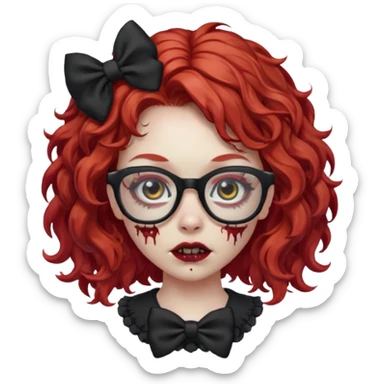 Zombie girl,with curly red hair,glasses,black bows sticker