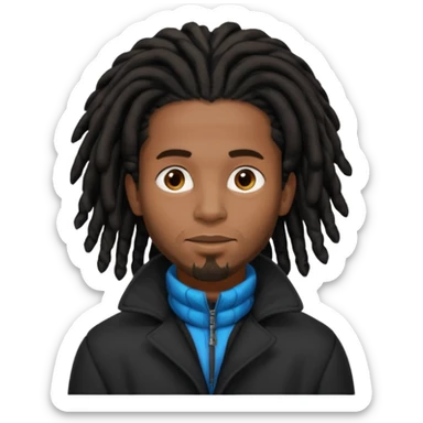 African American man brown skin complexion with black dreadlocks shoulder length wearing black bubble winter coat sticker