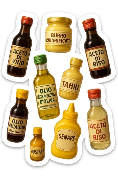 emoji stile iphone 3d di questi elementi che fluttuano in aria sparsi casualmente:

Olio extravergine d’oliva, burro chiarificato
Olio all’aglio (senza pezzetti)
Aceto di vino, aceto di riso, senape, tahin
Salsa di soia fermentata (senza aglio/cipolla)


 che fluttuano sparse casualmente in aria, le etichette dei prodotti scrivile in italiano, iperealistico 4k sticker