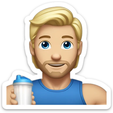 caucasian white muscled guy drinking a protein shake, goes to the gym everyday and works in tech. Has blonde/brunette hair, blue eyes. sticker