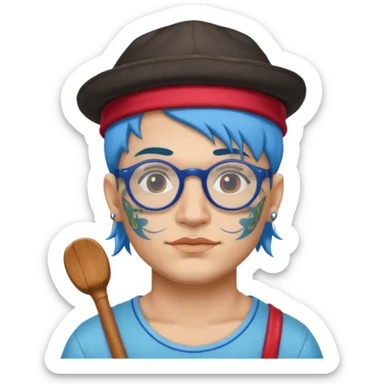 very tattoed face, normal glassess, fat venice gondolier with iconic hat and blue hair woman sticker