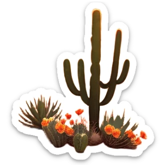 Cinematic Realistic Desert Emoji, Expansive and arid, with vast stretches of golden sand dunes and scattered cacti, the sun casting a warm, almost orange glow over the dry, cracked earth. The horizon blurs into a heat shimmer, while the occasional desert flower adds a splash of color to the barren landscape. Soft glowing outline, capturing the essence of the harsh yet stunning beauty of the desert, calm and quiet, filled with silence and mystery. sticker