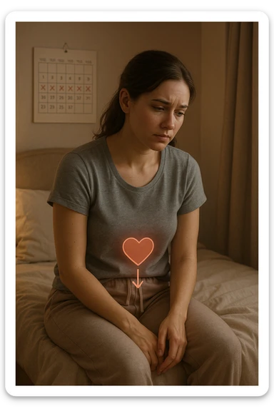 3D realistic medical illustration: a young woman in her 20s or 30s sits on the edge of a bed in a softly lit bedroom, looking thoughtful and slightly concerned. She wears comfortable loungewear, her posture is slouched, and her expression is subdued. Subtle visual cues—such as a faded calendar with missed menstrual cycles and a dimmed heart or energy icon near her abdomen—symbolize low libido and amenorrhea. The scene is realistic, intimate, and empathetic. sticker