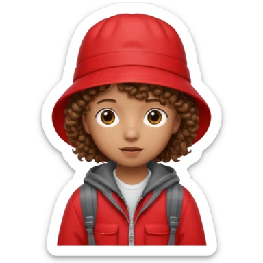 Little student brown curly hair, wears red bucket hat and jacket, backpack, shy sticker