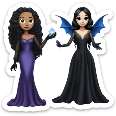 relaxed low-cut back silky black evening ball gown with lace gloves, Jenna Ortega as Addams woman wearing a mini diamond tiara, very large blood blue cute horned old dragon hand puppet sticker