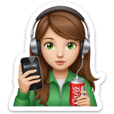 a girl with brown hair blonde ends green eyes phone in hand with diet coke and wearing headphones sticker