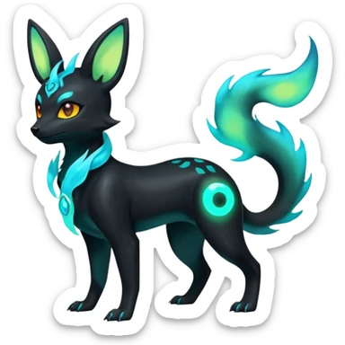 Shiny Ethereal Eldritch Cool Edgy Badass Punky Aural Iridescent Fluorescent Bioluminescent Umbreon-Amaura-Salandit-Litten-Flareon-Fakémon-fusion (full body) sticker