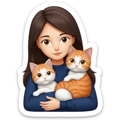 a girl with long dark brown hair, in a navy sweater, hugs a persian peaknose grey cat and persian peaknose orange and white kitten and a persion peaknose brown tabby and white cat sticker