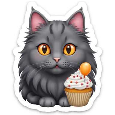 Orange eyes Long haired black grey cat fluffy with cupcake balloons sticker