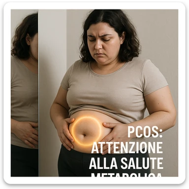close-up of a woman with PCOS looking at her bloated belly in the mirror, serious expression, glowing halo on the abdomen, Italian text: 'PCOS: attenzione alla salute metabolica', neutral background, 4K quality sticker
