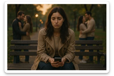 a woman sitting alone on a bench, looking sad and longing, holding a phone, surrounded by couples in the background, conveying she can't find love sticker