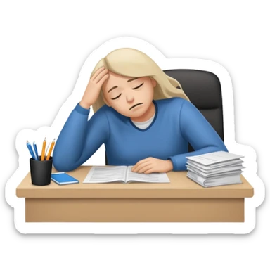 tired person with drooping eyelids, slumped at desk with paperwork, burnout, iOS emoji style sticker