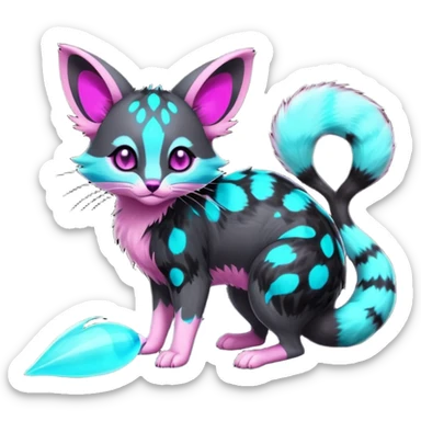 Fantasy abyssal pitch-Black-coated fur with glowing bioluminescent random cyan and magenta markings divine beautiful elegant pretty precious cute young youthful  Fakémon-Pokémon-alien-opossum-feline-serval-caracal-chinchilla-Minccino-hybrid-creature with a big fluffy bushy striped tail (full body) sticker