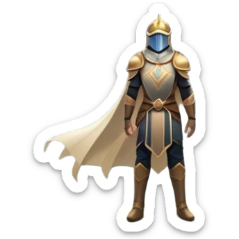 An icon featuring a hero with a closed visor, standing in a majestic, mystical landscape, inspired by RPGs like Elden Ring. The design includes a stunning, ethereal background with towering castles and distant mountains, symbolizing the adventure and mystery. Transparent background sticker
