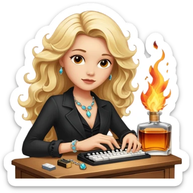 A sketchnote illustration rendered in a strong moody style, featuring a blonde woman with cascading gorgeous hair, a keyboard, a whiskey bottle, a key, a jewelry box, and fire elements against a black background. The lighting is low with low contrast, emphasizing dramatic shadows. sticker
