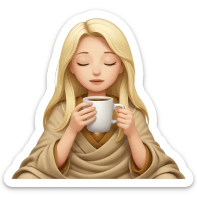 Blonde girl long hair inside a beige blanket sipping coffee eyes closed sticker