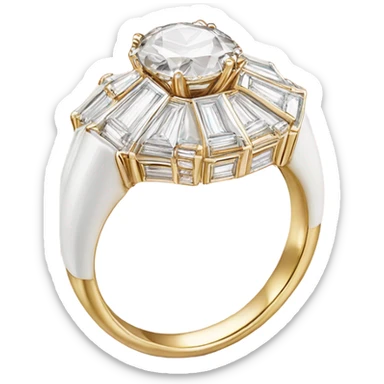 a luxurious all-white diamond ring with a round center stone and side baguette diamonds, placed inside an open, elegant square light pink velvet box with gold button details. Show a side view with bold outlines, a glossy finish sticker