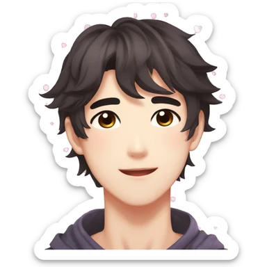 Gorgeous bright sparkly romantic Asian anime guy with blushing face aesthetic trending style outside sticker