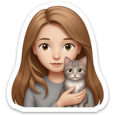 a light brown long hair with grey eyes girl and grey kitten sticker