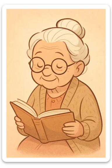 a very old lady grandma wearing glasses reading a book warm cardigan soft colors cartoon style sticker