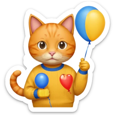 orange Cat hold blue balloon, yellow sweater sticker