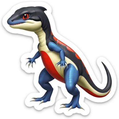 Black and white Orca-hybrid-reptile-reptilian-lizard-skink-gecko-Digimon-Fakémon-Pokémon-fusion-hybrid full body, two legs, two arms, claws, anthropomorphic, with red stripe sticker
