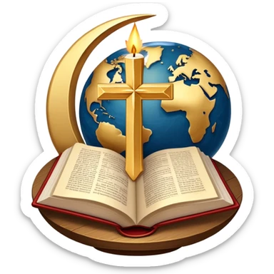 An icon featuring a holy book, a candle, and a cross, symbolizing religious studies. The design includes a globe with various religious symbols: a crescent moon and star (Islam), a lotus flower (Buddhism), representing global belief systems. Transparent background. sticker