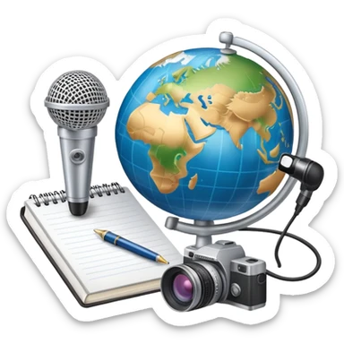 An icon showing a microphone, a notepad, and a camera, symbolizing journalism. The design includes a globe in the background, representing global news, and a breaking news banner for emphasis. Transparent background highlights the dynamic world of media and reporting. sticker