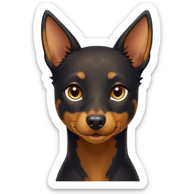 Cinematic Cute Black and Tan Kelpie Portrait Emoji, Head tilted playfully and inquisitively, featuring a sleek black Fur with vibrant tan markings, round, sparkling dark eyes filled with curiosity, Simplified yet irresistibly adorable features, highly detailed, glowing with a warm, friendly glow, high shine, affectionate and spirited, stylized with a touch of whimsy, bright and endearing, soft glowing outline, capturing the essence of a mischievous yet loving herder, so playful it feels like it could leap out of the screen and into your arms! sticker