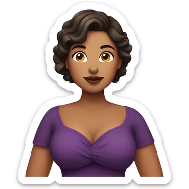 curvy woman holding chest, star sticker on her cheek, dark brown hair, purple dress sticker