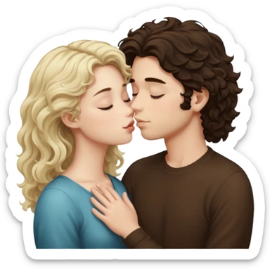Tall White Italian boy with dark brown wavy fluffy hair and blonde wavy hair girl that's pale with wavy hair kissing with eyes closed  sticker