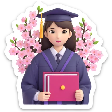 Japanese female high school graduate in school uniform with cherry blossoms and diploma sticker