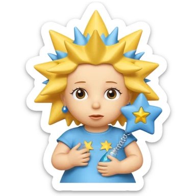 A 3D cartoon close-up of Maggie Simpson, baby from The Simpsons, rendered in Memoji-style with smooth yellow skin, spiky star-shaped hair, blue pacifier, and simple shading. Bright studio lighting, cinematic close-up framing consistent with Bart, Marge, Homer, and Lisa. sticker