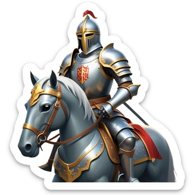 clash-of-clans-aesthetic_-cinematic-fearsome-and-majestic-knight-bust-portrait-emoji, rendered in a flat, vector-style with minimal shading and bold, simplified shapes, depicting a battle-ready medieval knight with steely eyes and intricate armor, mounted on a warhorse reflecting sunlight over a misty battlefield. sticker