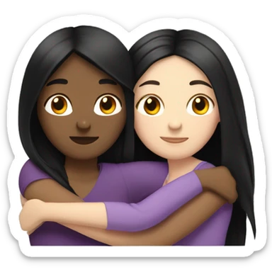 A lesbian couple who both have white skin and long black hair are hugging intimately. sticker