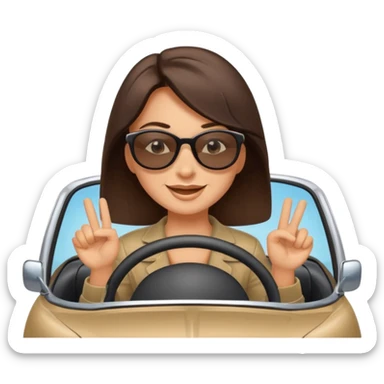 Brunette driving car like crazy. Happy face confidence  sticker