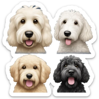 One Black goldendoodle, one black goldendoodle with white patch on chest, one cream golden doodle,  one black white mini Sheepadoodle sticker