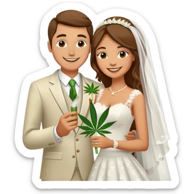 Newlywed couple, bride and groom, full body, sharing a cannabis joint at wedding sticker