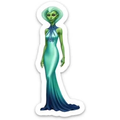 reptilian green alien woman, in long slim pastel blue formal party satin dress with gradient shiny sparkling navy blue diamonds embroidered, full body full figure sticker