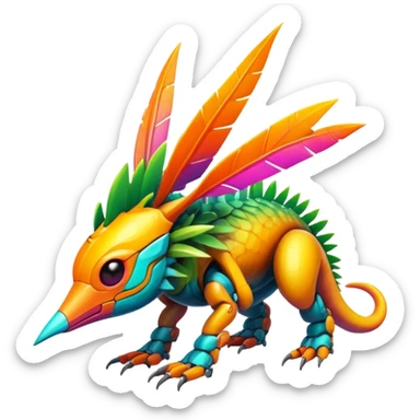 Tropical futuristic lush warm-colored modern colorful cyber-Fakémon-Trico-creature sticker