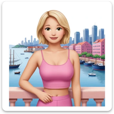 jennifer lawrence, pink crop top leaning on a balcony with a harbor and cityscape in the background, smiling sticker
